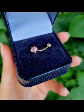 14k Gold Pink Gem Curved Bar Belly Ring New $275